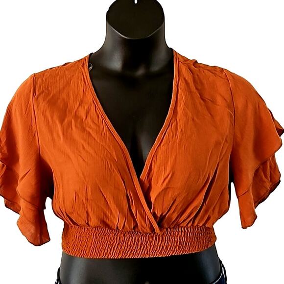 Windsor Women's Rust Orange Crop Top Size Large Bell Sleeves V Neck - Picture 3 of 5